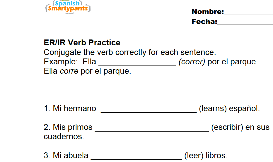 Ar Er Ir Verbs Worksheet In Spanish Answers